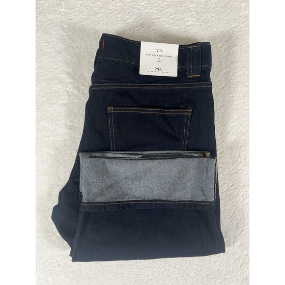 Zara Pants - ZARA The Relaxed Capri Dark Wash‎ Denim Jeans Women's Size 10 NWT Zip Button